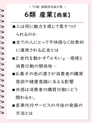 cover image of 課題探究論文集（72期） 6類 産業【商業】